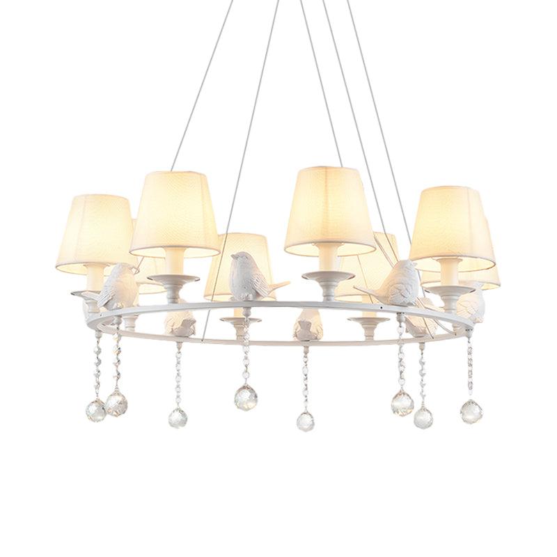 8 Lights Pendant Light Classic Cone Fabric Hanging Chandelier in White for Bedroom with Crystal Draping - Rebooters