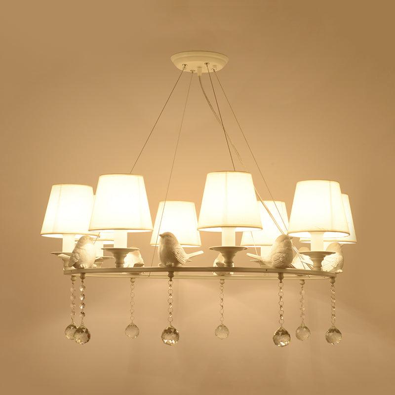 8 Lights Pendant Light Classic Cone Fabric Hanging Chandelier in White for Bedroom with Crystal Draping - Rebooters