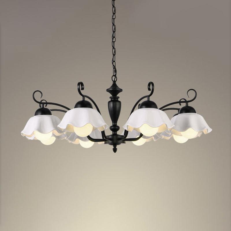 3/6/8 Bulbs Ceiling Lamp with Scalloped Shade Ceramic Chandelier Pendant Light in Black - Rebooters