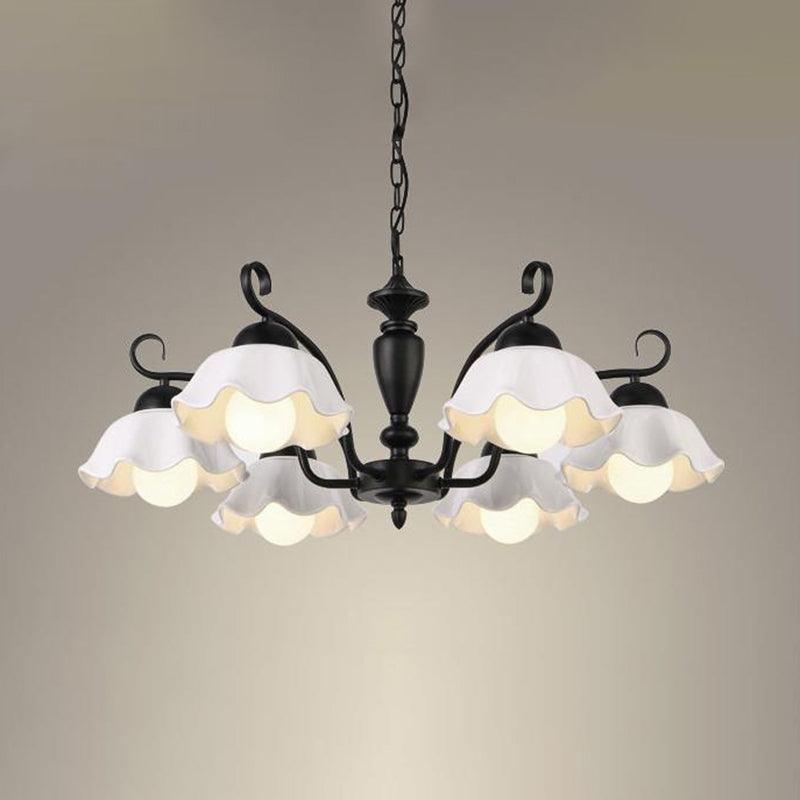 3/6/8 Bulbs Ceiling Lamp with Scalloped Shade Ceramic Chandelier Pendant Light in Black - Rebooters