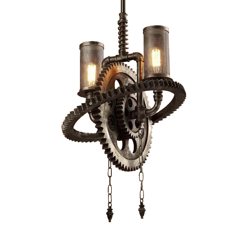 Wrought Iron Bronze Chandelier Lamp Gear Shaped 2 Lights Rustic Hanging Lamp - Rebooters