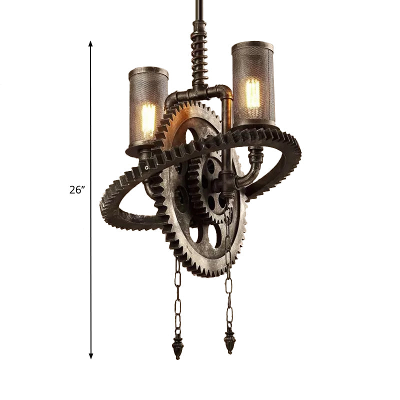 Wrought Iron Bronze Chandelier Lamp Gear Shaped 2 Lights Rustic Hanging Lamp - Rebooters