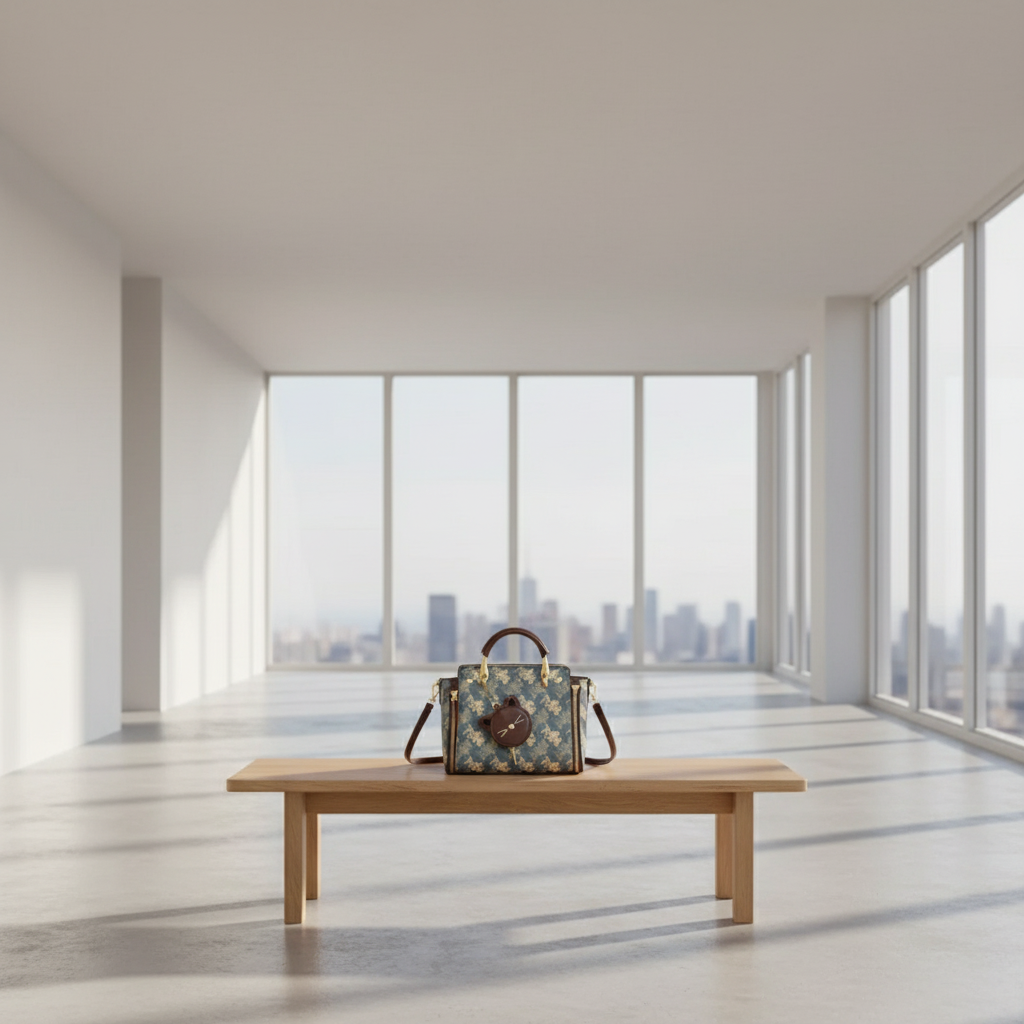 Patterned handbag on a wooden bench in a modern room with large windows