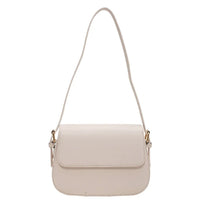 Beige leather shoulder bag with flap closure and gold-tone hardware on a white background