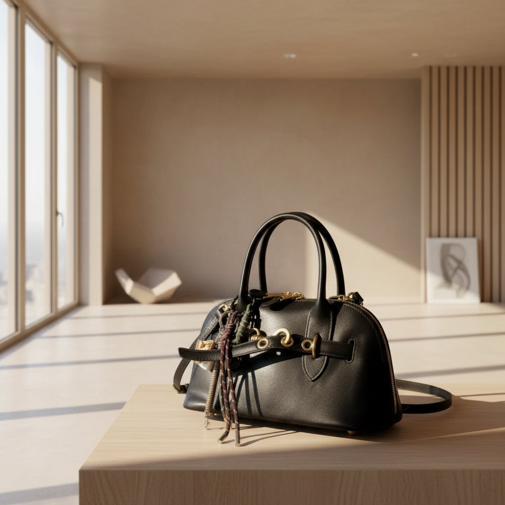 Black leather handbag with gold accents on table in sunlit modern minimalist room