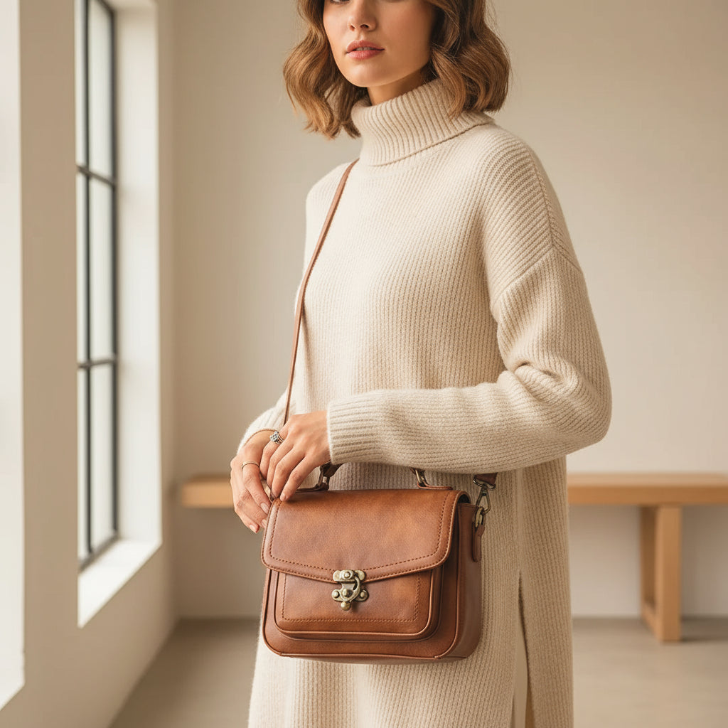 Woman in beige turtleneck sweater with brown leather crossbody bag in minimal room