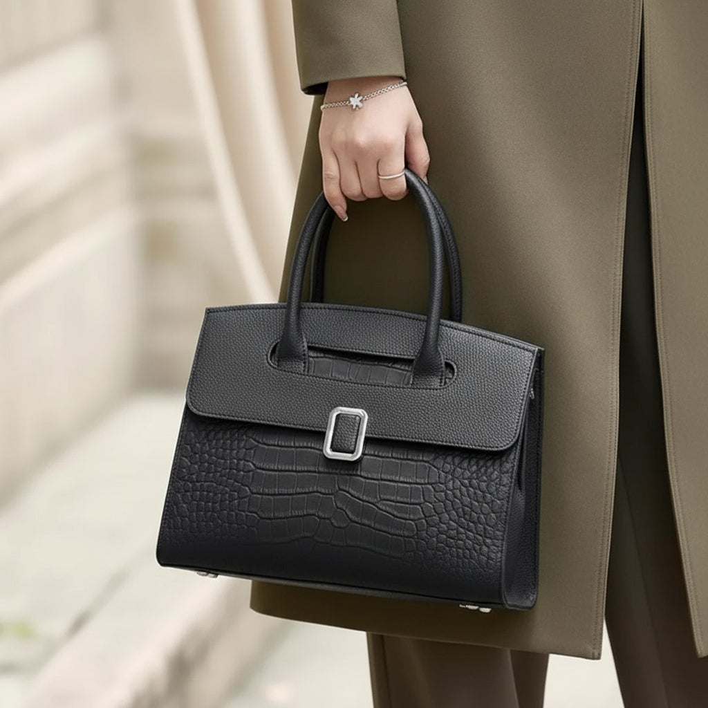 Woman holding black crocodile-embossed leather handbag with silver buckle, outdoor fashion