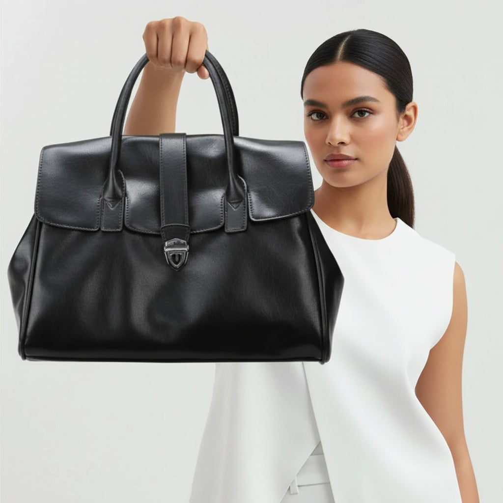 Woman in white top holding large black leather handbag against light background