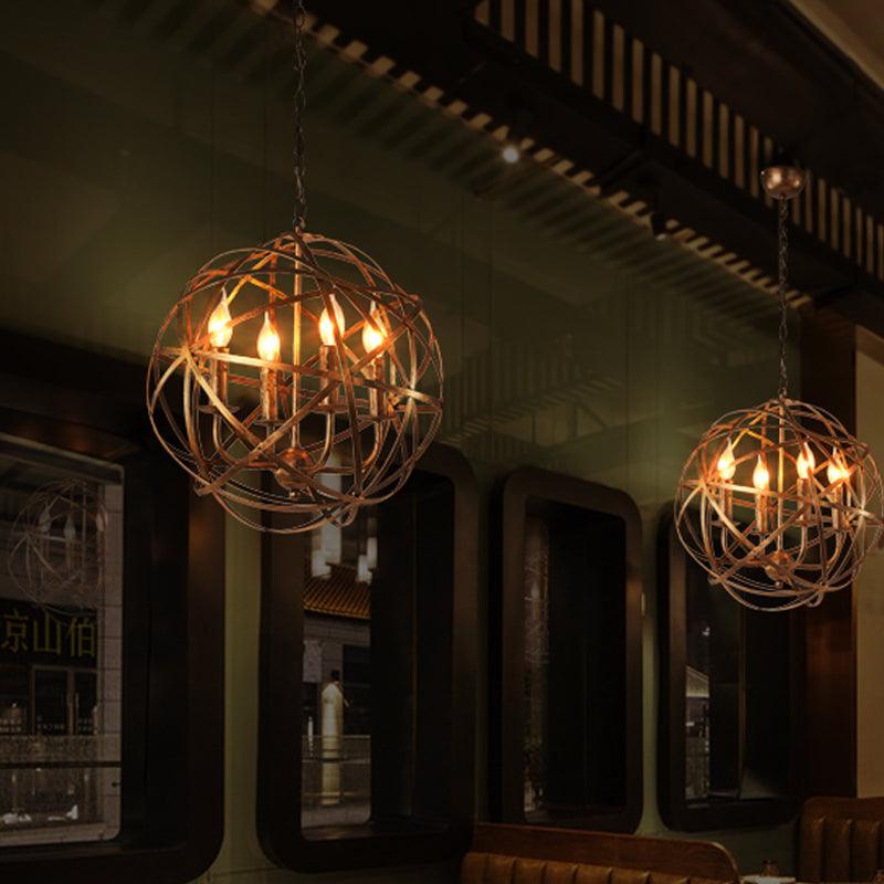 4 Heads Ceiling Light with Iron Globe Cage Shade Antique Brass - Rebooters