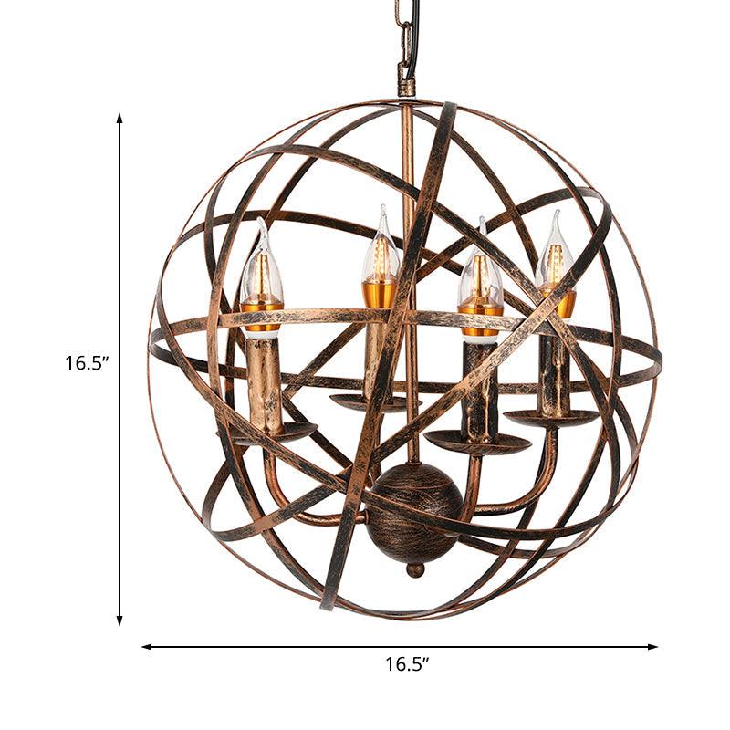 4 Heads Ceiling Light with Iron Globe Cage Shade Antique Brass - Rebooters