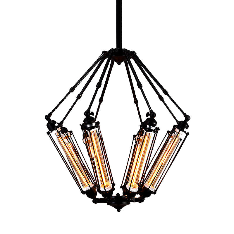 Tube Cage Metal Pendant Ceiling Lamp Industrial Style 4 Lights Indoor Chandelier Light Fixture in Black - Rebooters