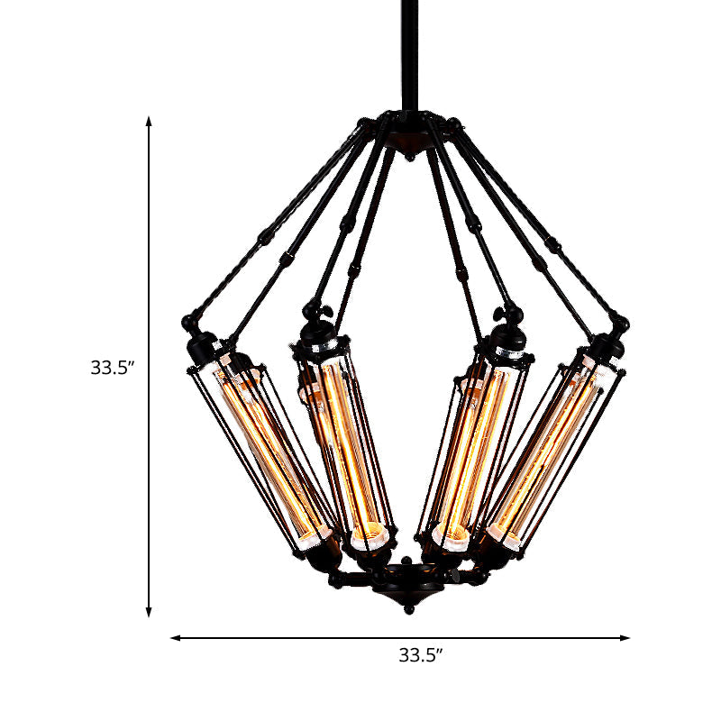 Tube Cage Metal Pendant Ceiling Lamp Industrial Style 4 Lights Indoor Chandelier Light Fixture in Black - Rebooters