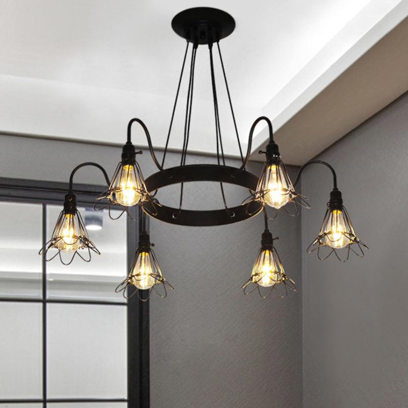 3/8 Lights Chandelier Lamp Vintage Style Wire Cage Iron Ceiling Light Fixture in Black - Rebooters