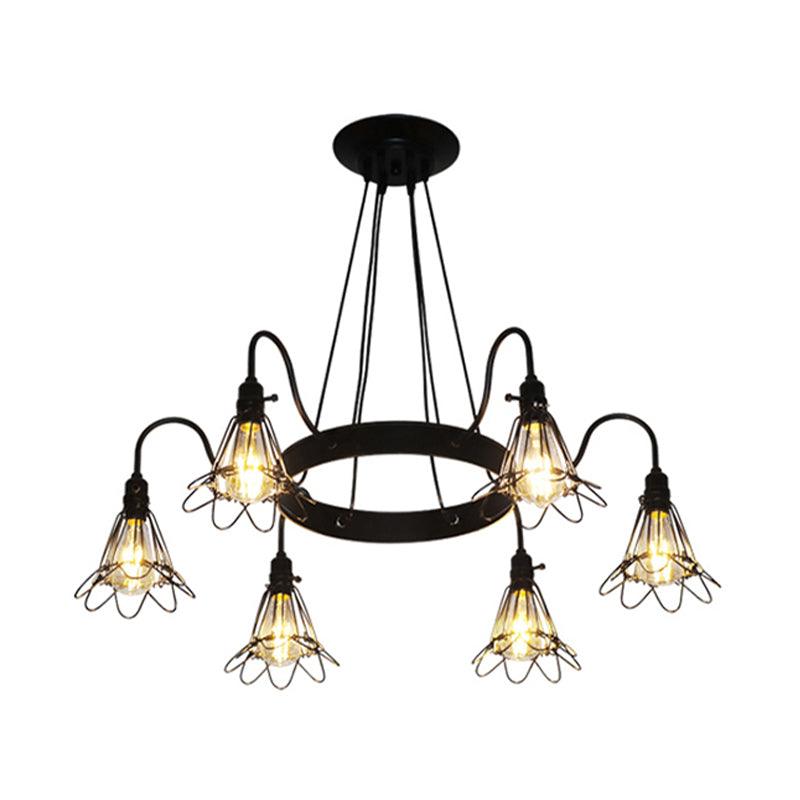 3/8 Lights Chandelier Lamp Vintage Style Wire Cage Iron Ceiling Light Fixture in Black - Rebooters