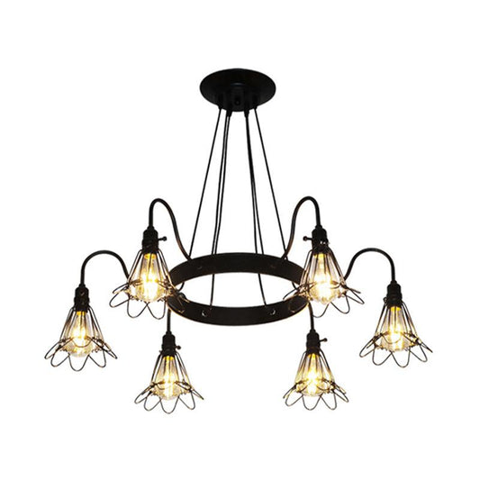 3/8 Lights Chandelier Lamp Vintage Style Wire Cage Iron Ceiling Light Fixture in Black - Rebooters
