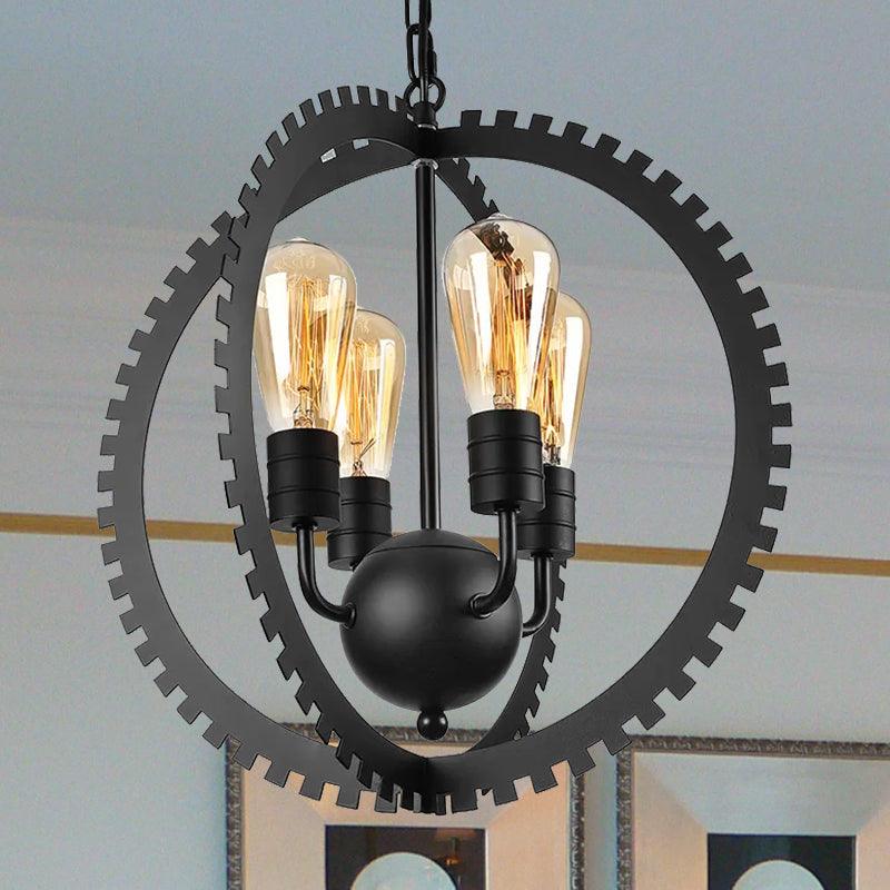 4 Heads Circle Frame Chandelier Light Fixture Rustic Industrial Black/Rust Iron Ceiling Lighting - Rebooters