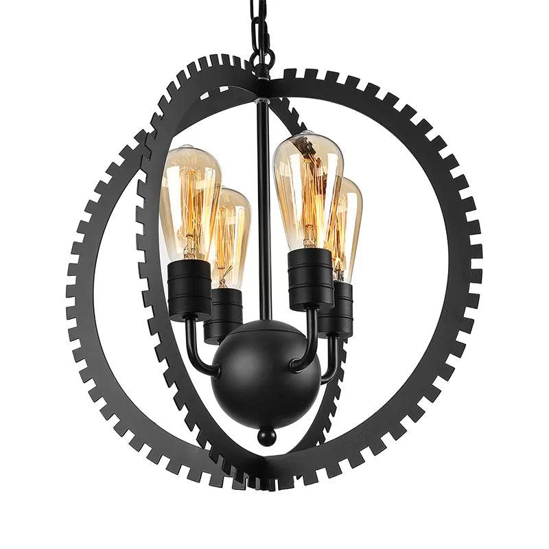 4 Heads Circle Frame Chandelier Light Fixture Rustic Industrial Black/Rust Iron Ceiling Lighting - Rebooters