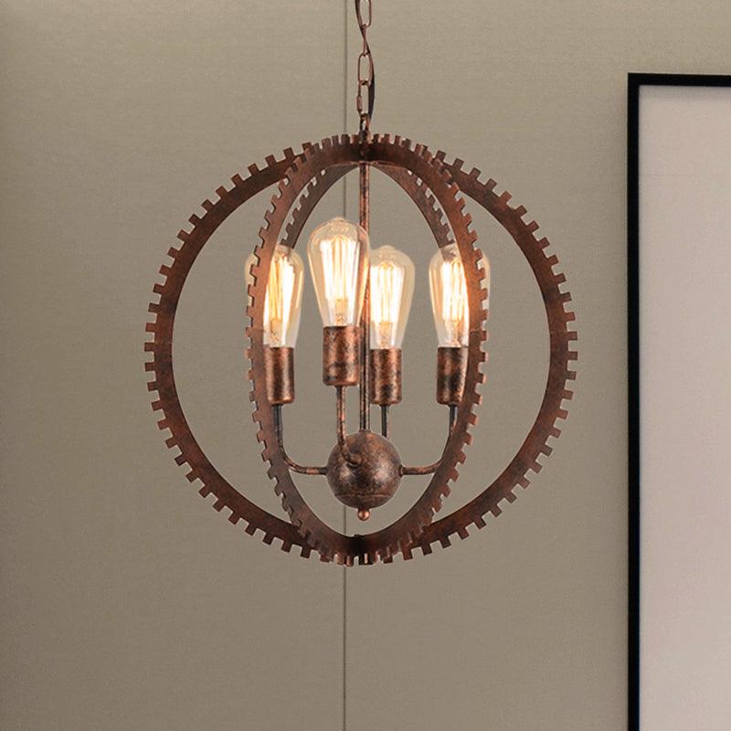 4 Heads Circle Frame Chandelier Light Fixture Rustic Industrial Black/Rust Iron Ceiling Lighting - Rebooters
