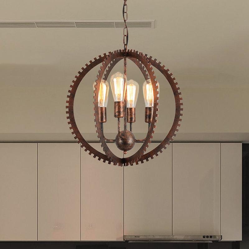 4 Heads Circle Frame Chandelier Light Fixture Rustic Industrial Black/Rust Iron Ceiling Lighting - Rebooters
