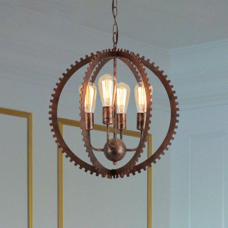 4 Heads Circle Frame Chandelier Light Fixture Rustic Industrial Black/Rust Iron Ceiling Lighting - Rebooters