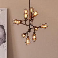 8/12 Heads Wire Cage Hanging Chandelier Lamp Vintage Stylish Bronze Iron Light for Dining Room - Rebooters
