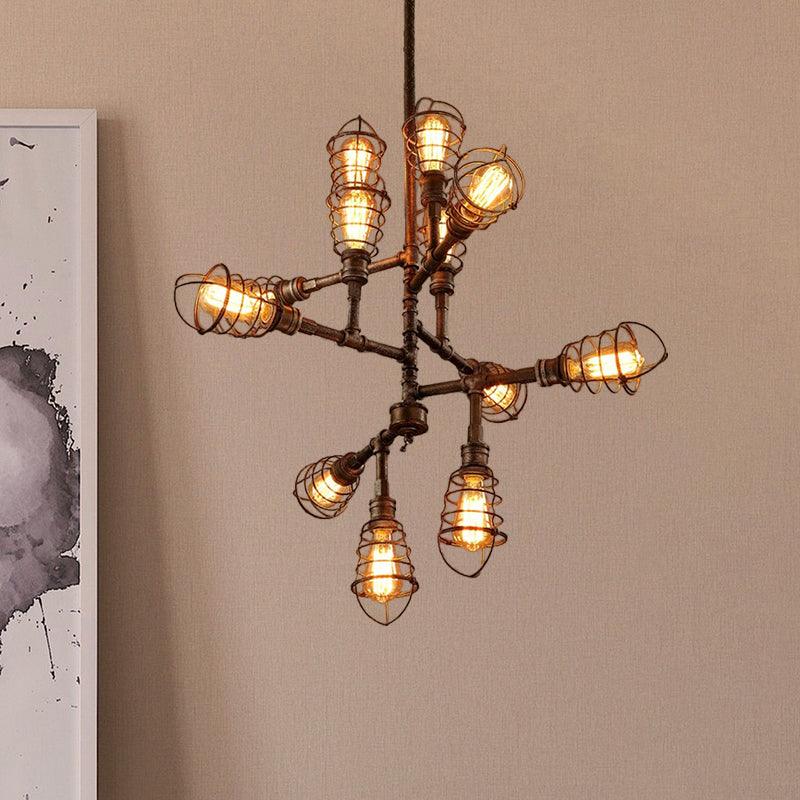 8/12 Heads Wire Cage Hanging Chandelier Lamp Vintage Stylish Bronze Iron Light for Dining Room - Rebooters