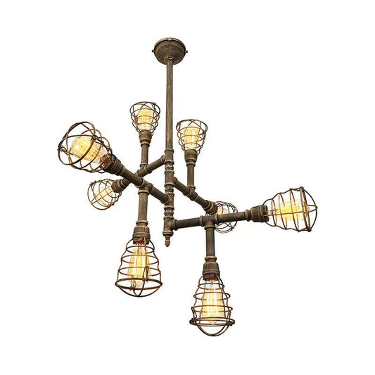 8/12 Heads Wire Cage Hanging Chandelier Lamp Vintage Stylish Bronze Iron Light for Dining Room - Rebooters