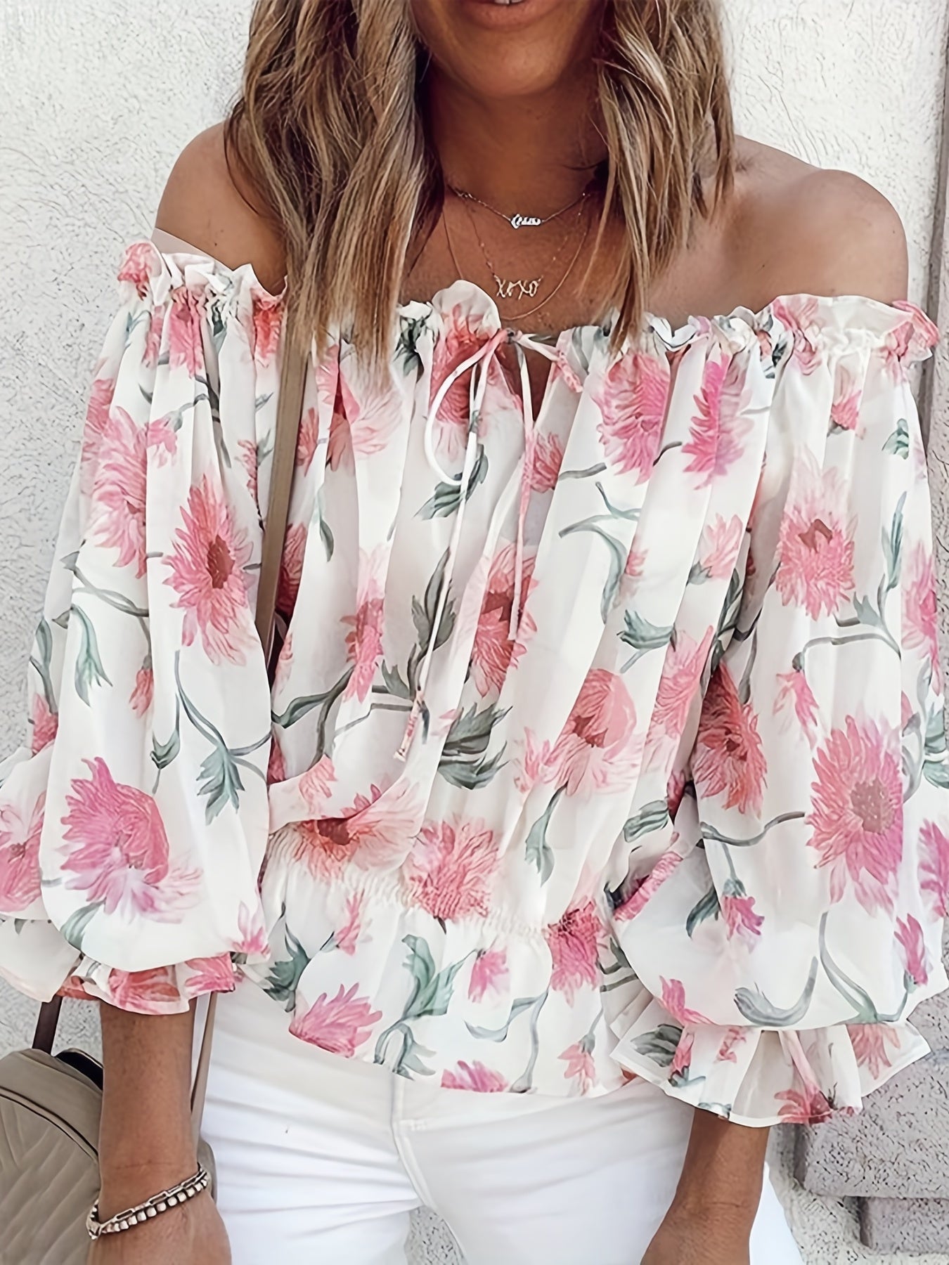 Off-Shoulder Floral Blouse for Women with Balloon Sleeves - Rebooters