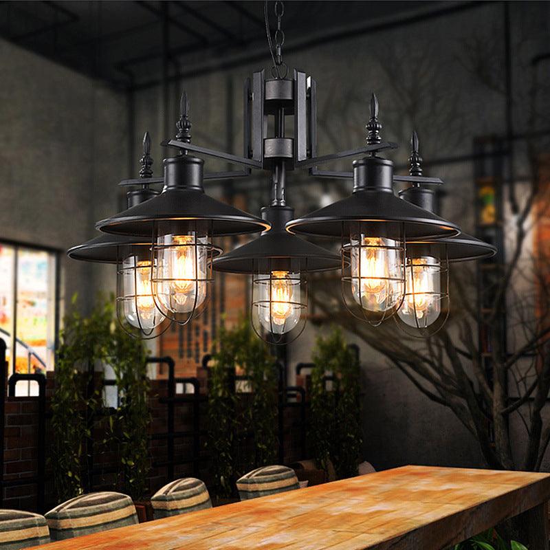 Antiqued Wide Flared Pendant Chandelier Metal 6 Heads Caged Drop Light - Rebooters
