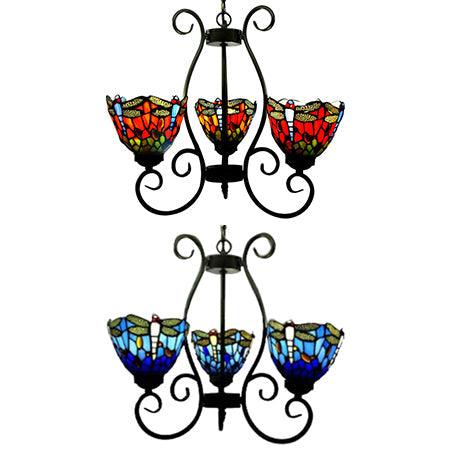3 Lights Dragonfly Chandelier Light Stained Glass Loft Pendant - Rebooters