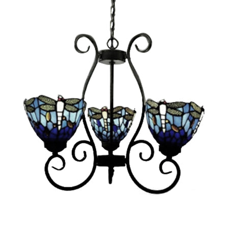 3 Lights Dragonfly Chandelier Light Stained Glass Loft Pendant - Rebooters