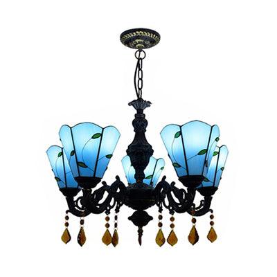 5 Heads Scalloped Rustic Stained Glass Leaf Chandelier - Rebooters