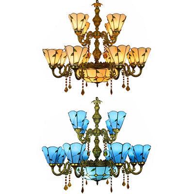 Beige/Blue Country Chandelier Stained Glass 12 Heads Light - Rebooters