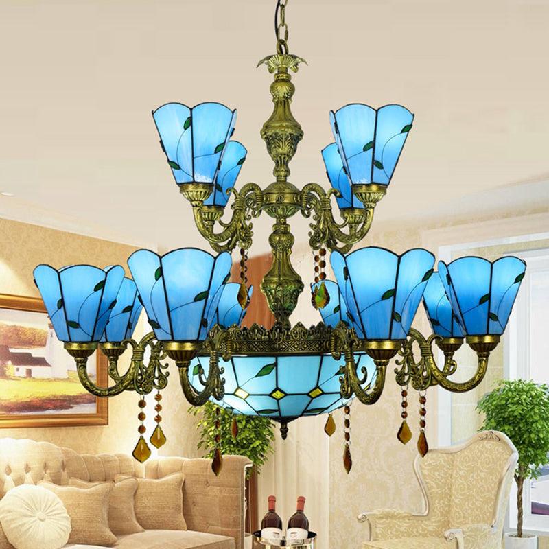 Beige/Blue Country Chandelier Stained Glass 12 Heads Light - Rebooters