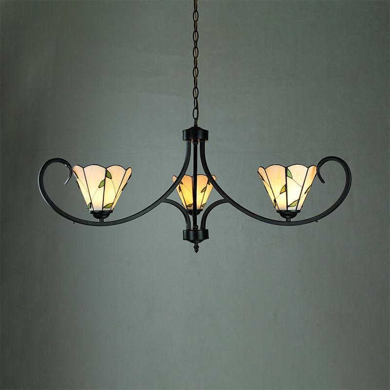 Beige Cone-Shaped Suspension Light Retro Style Stained Glass Leaf Pattern Chandelier - Rebooters