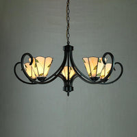 Beige Cone-Shaped Suspension Light Retro Style Stained Glass Leaf Pattern Chandelier - Rebooters