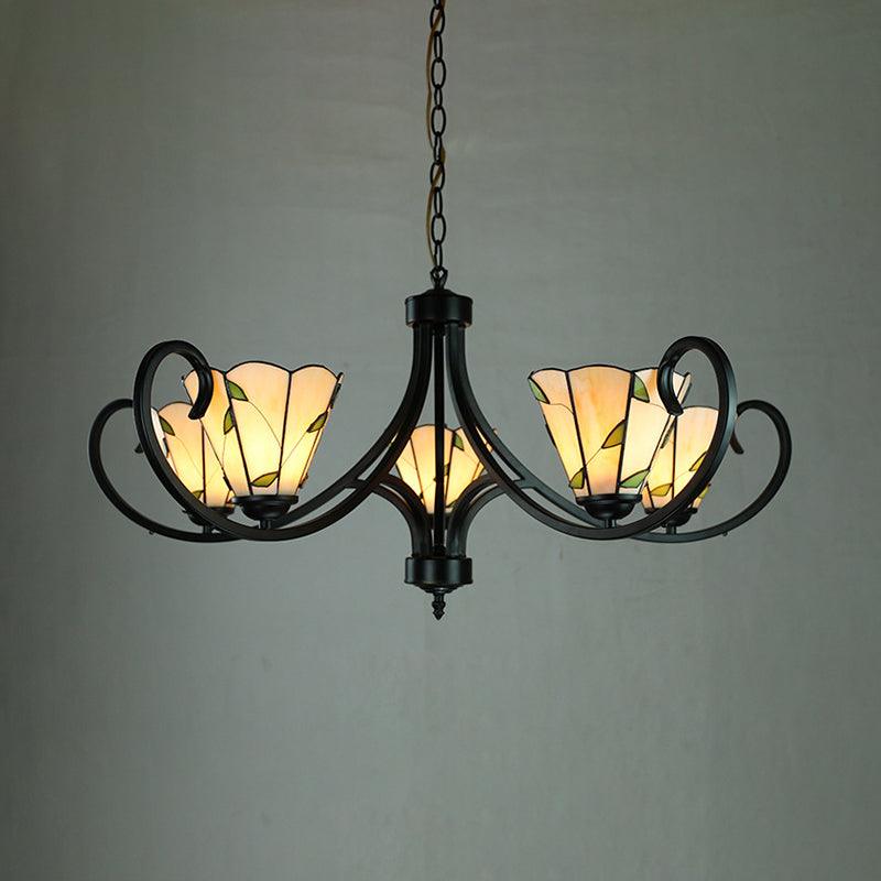 Beige Cone-Shaped Suspension Light Retro Style Stained Glass Leaf Pattern Chandelier - Rebooters
