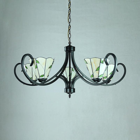 Beige Cone-Shaped Suspension Light Retro Style Stained Glass Leaf Pattern Chandelier - Rebooters