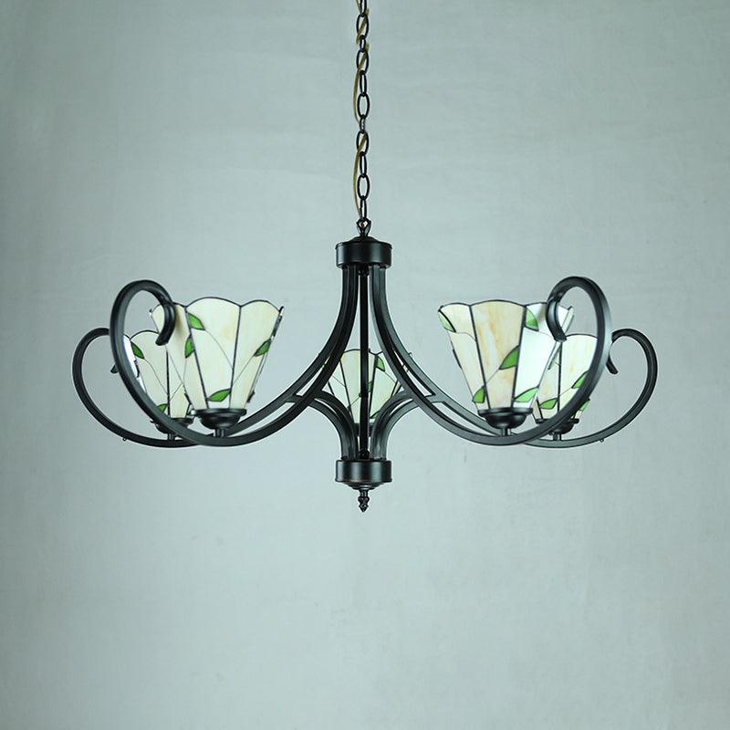 Beige Cone-Shaped Suspension Light Retro Style Stained Glass Leaf Pattern Chandelier - Rebooters