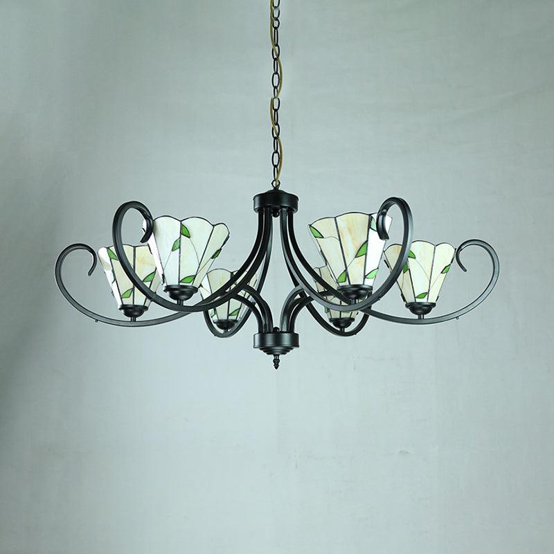 Beige Cone-Shaped Suspension Light Retro Style Stained Glass Leaf Pattern Chandelier - Rebooters