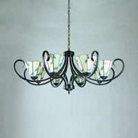Beige Cone-Shaped Suspension Light Retro Style Stained Glass Leaf Pattern Chandelier - Rebooters