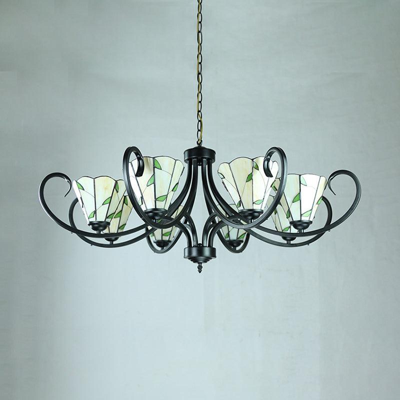 Beige Cone-Shaped Suspension Light Retro Style Stained Glass Leaf Pattern Chandelier - Rebooters