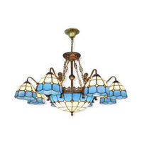 9/13 Lights Ceiling Light Tiffany Grid Patterned Cut Glass Chandelier in Blue - Rebooters