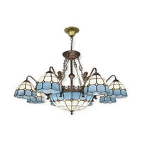 9/13 Lights Ceiling Light Tiffany Grid Patterned Cut Glass Chandelier in Blue - Rebooters