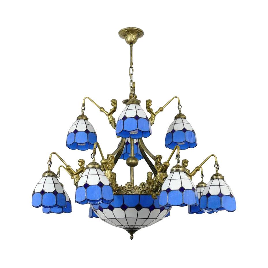 9/13 Lights Ceiling Light Tiffany Grid Patterned Cut Glass Chandelier in Blue - Rebooters