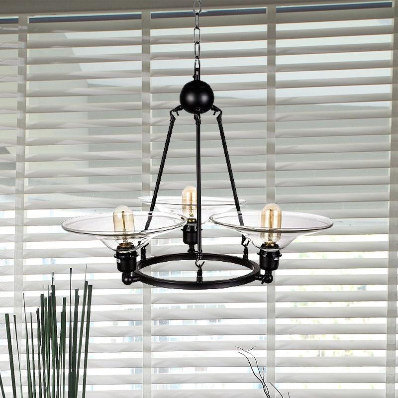 Black 3 Lights Chandelier Light Fixture Antique Clear Glass Cone Pendant Lamp - Rebooters