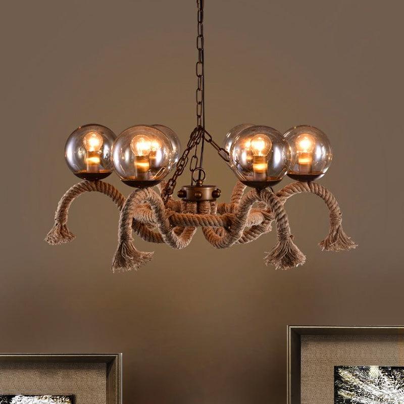 6 Lights Global Chandelier Lighting Retro Rust Finish Rope Suspension Light - Rebooters
