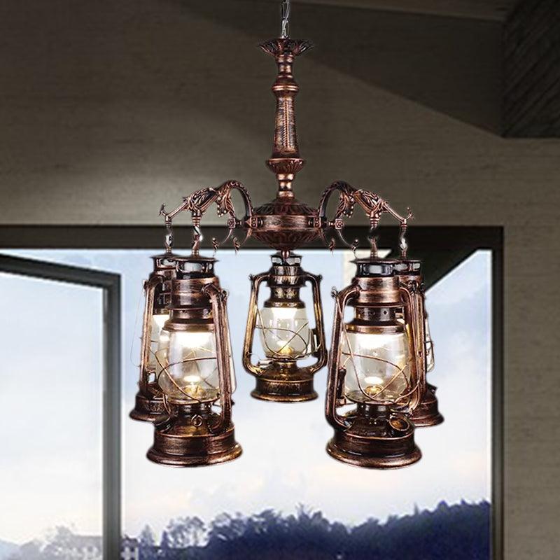 5 Lights Clear Glass Pendant Chandelier Antique Stylish Bronze Copper Kerosene Dining Room Fixture - Rebooters