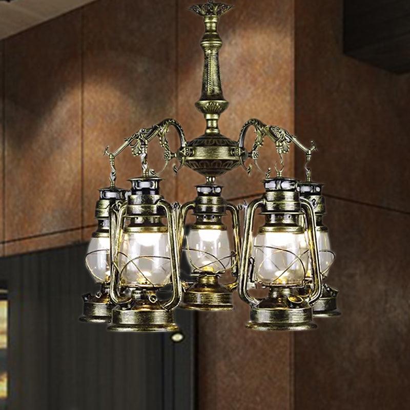 5 Lights Clear Glass Pendant Chandelier Antique Stylish Bronze Copper Kerosene Dining Room Fixture - Rebooters