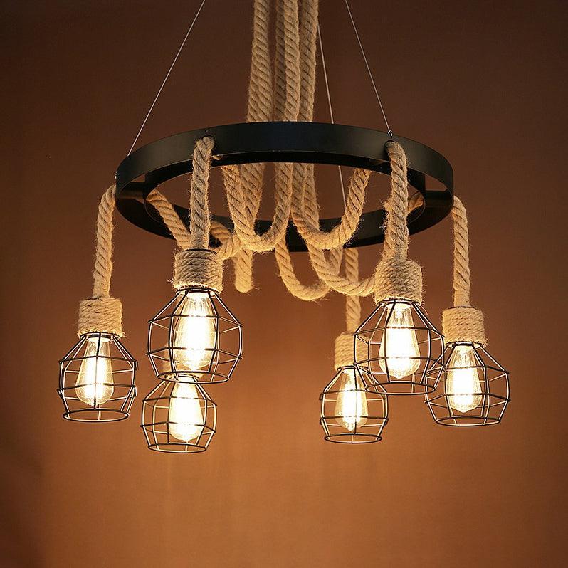 4/6 Bulbs Dome Cage Ceiling Light Retro Style Brown Rope and Metal Chandelier for Hallway - Rebooters